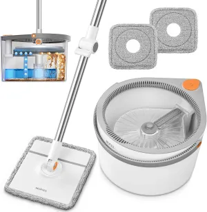 MOPALL Spin Mop and Bucket Set, Dual Chambers Dirty and Clean Water Self Separation for Floor Wall Window, Wet and Dry Mop and Bucket with Wringer Set for Home (1 Square Mop with 2 Microfiber Pads)