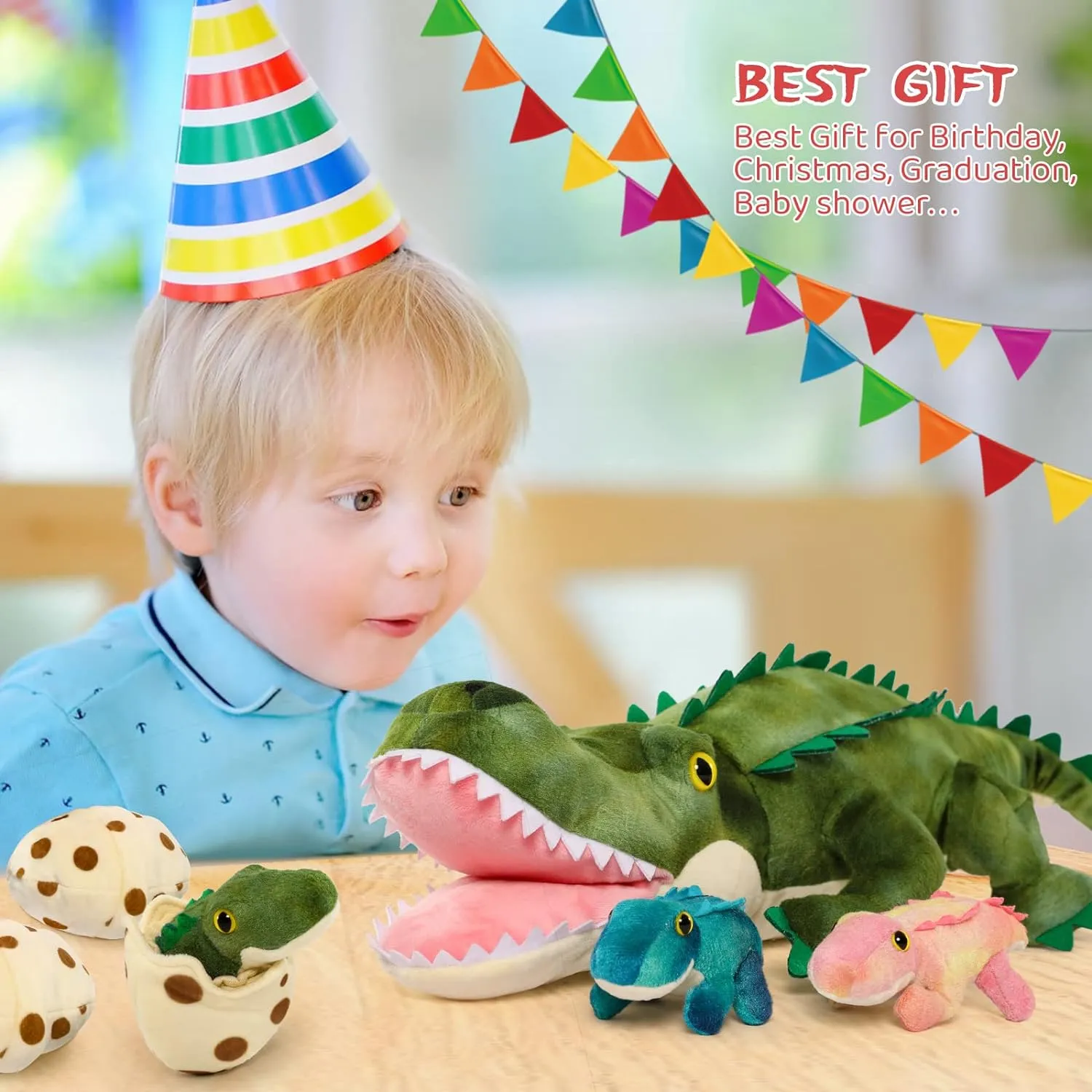 MorisMos Plush Alligator Stuffed Animal with Babies,23.6'' Mommy Stuffed Alligator with 3 Baby Crocodile Animals & 3 Plush Eggs,Lifelike Crocodile Toys for Kid 3-5 Birthday Decor