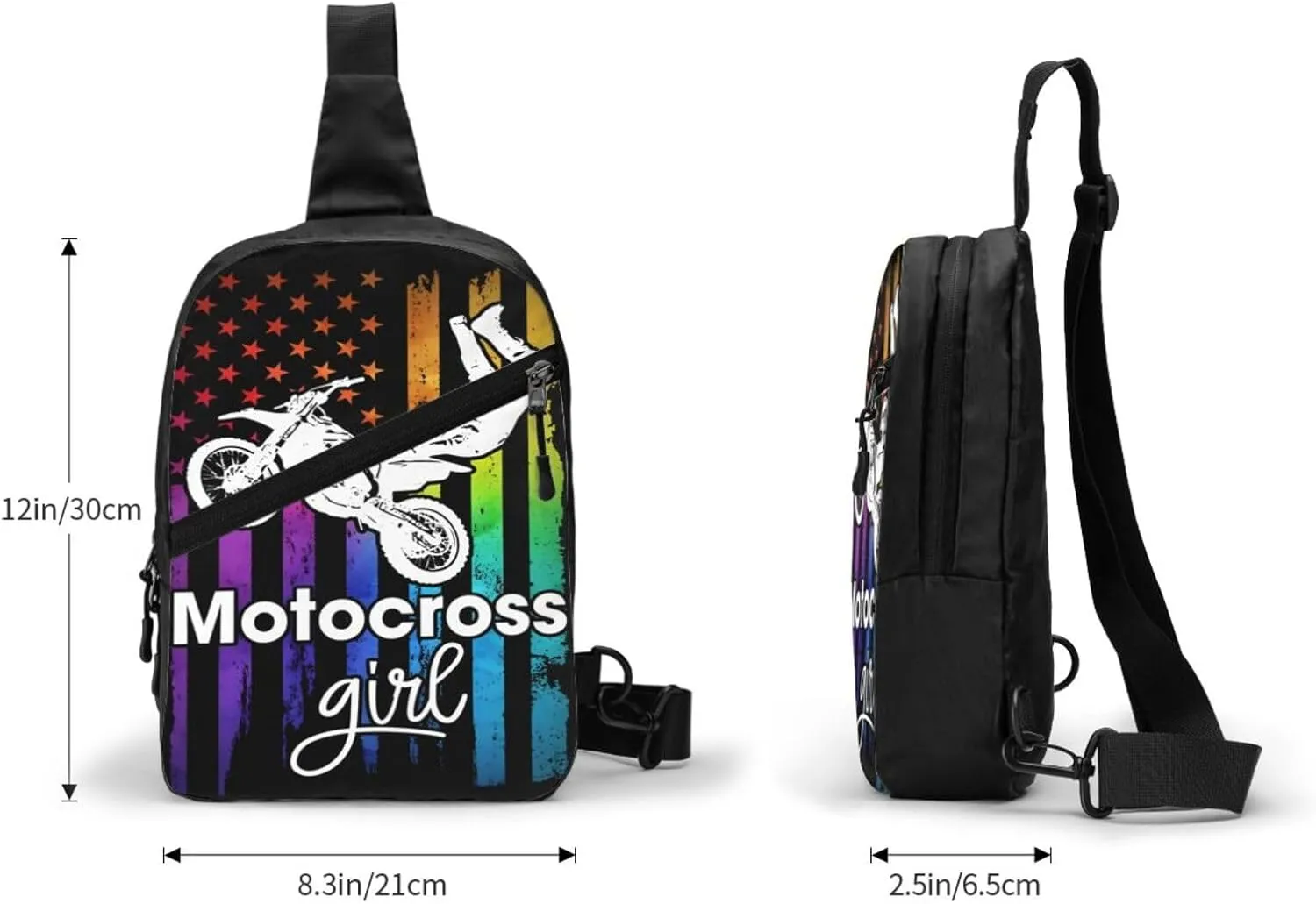 Motocross Dirt Bike Rider Racing Girls American Flag Portable Sling Bags Packable Crossbody Bag Foldable Sport Daypack Reusable Shoulder Backpack Diagonally Chest Bag for Workout Travel