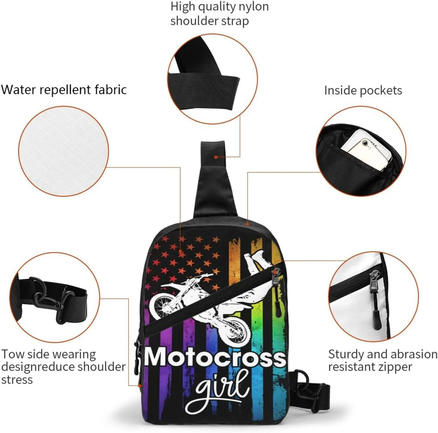 Motocross Dirt Bike Rider Racing Girls American Flag Portable Sling Bags Packable Crossbody Bag Foldable Sport Daypack Reusable Shoulder Backpack Diagonally Chest Bag for Workout Travel