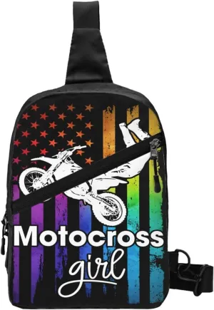 Motocross Dirt Bike Rider Racing Girls American Flag Portable Sling Bags Packable Crossbody Bag Foldable Sport Daypack Reusable Shoulder Backpack Diagonally Chest Bag for Workout Travel
