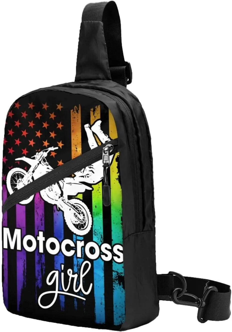 Motocross Dirt Bike Rider Racing Girls American Flag Portable Sling Bags Packable Crossbody Bag Foldable Sport Daypack Reusable Shoulder Backpack Diagonally Chest Bag for Workout Travel