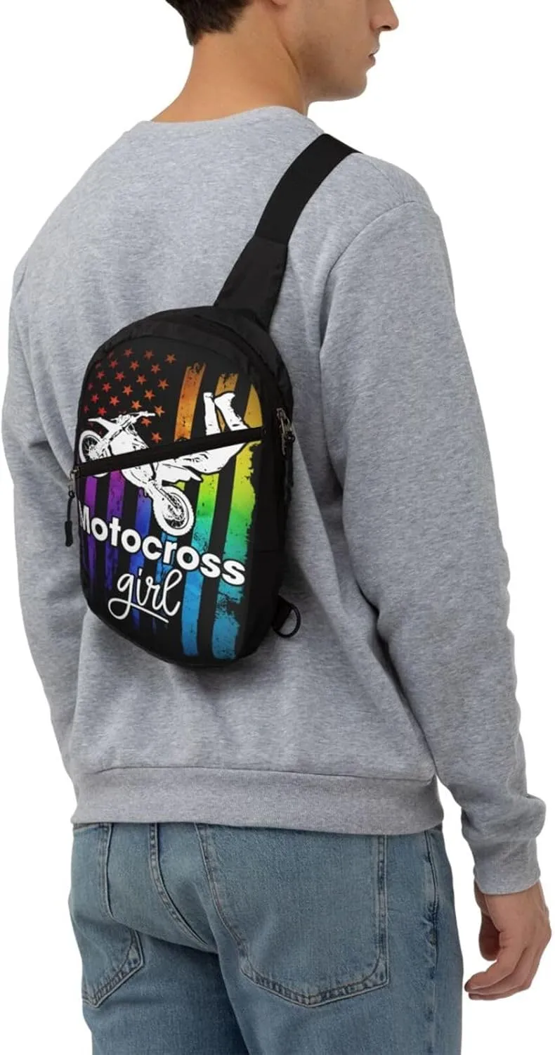 Motocross Dirt Bike Rider Racing Girls American Flag Portable Sling Bags Packable Crossbody Bag Foldable Sport Daypack Reusable Shoulder Backpack Diagonally Chest Bag for Workout Travel