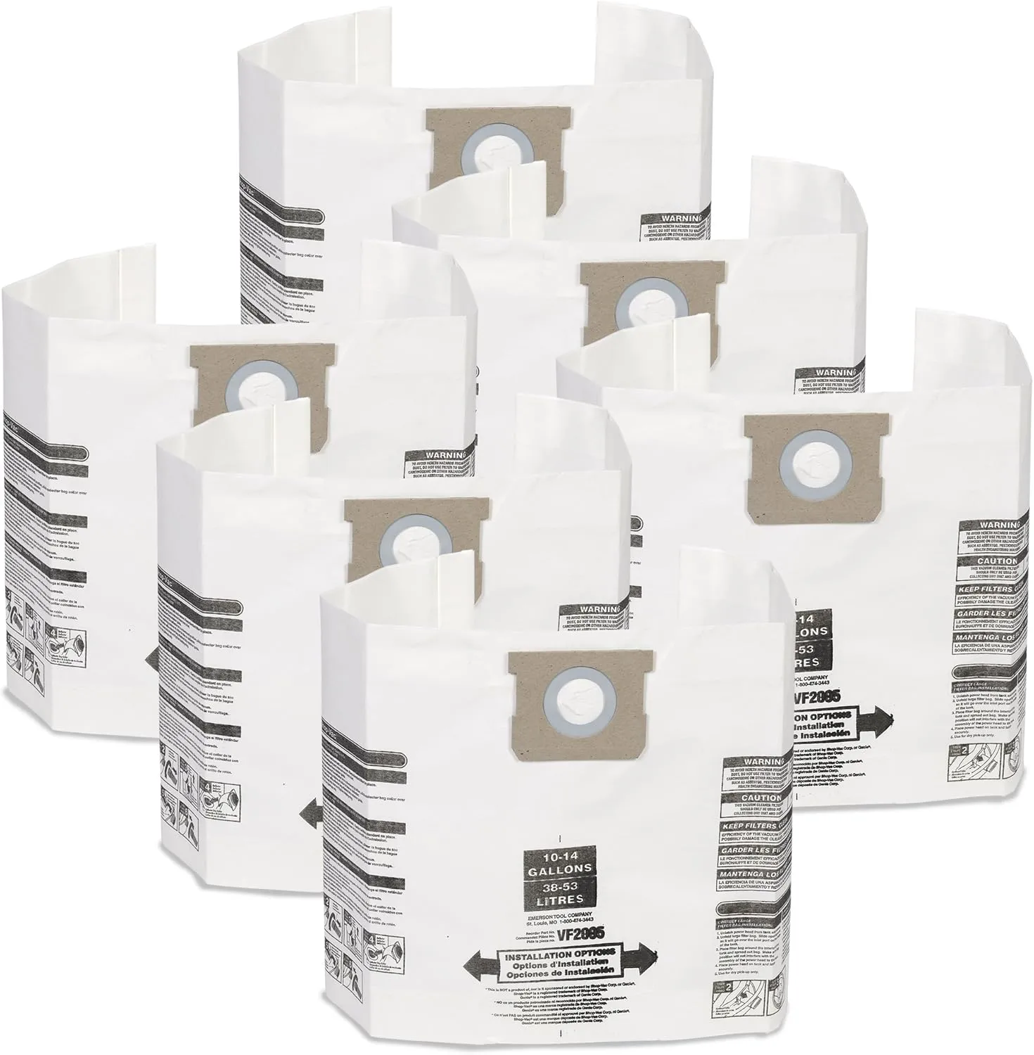 MULTI FIT Wet Dry Vacuum Bags VF2005TP General Dirt Dust Bags for Most 10 Gallon to 14 Gallon Shop Vac Branded Wet/Dry Vacuum Cleaners (6 Dust Collection Bags)