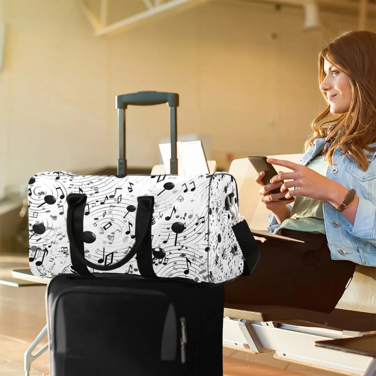Music Notes Printed Travel Duffel Bag for Women Men Waterproof Foldable Overnight Weekender Bag Large Capacity Sports Gym Bag