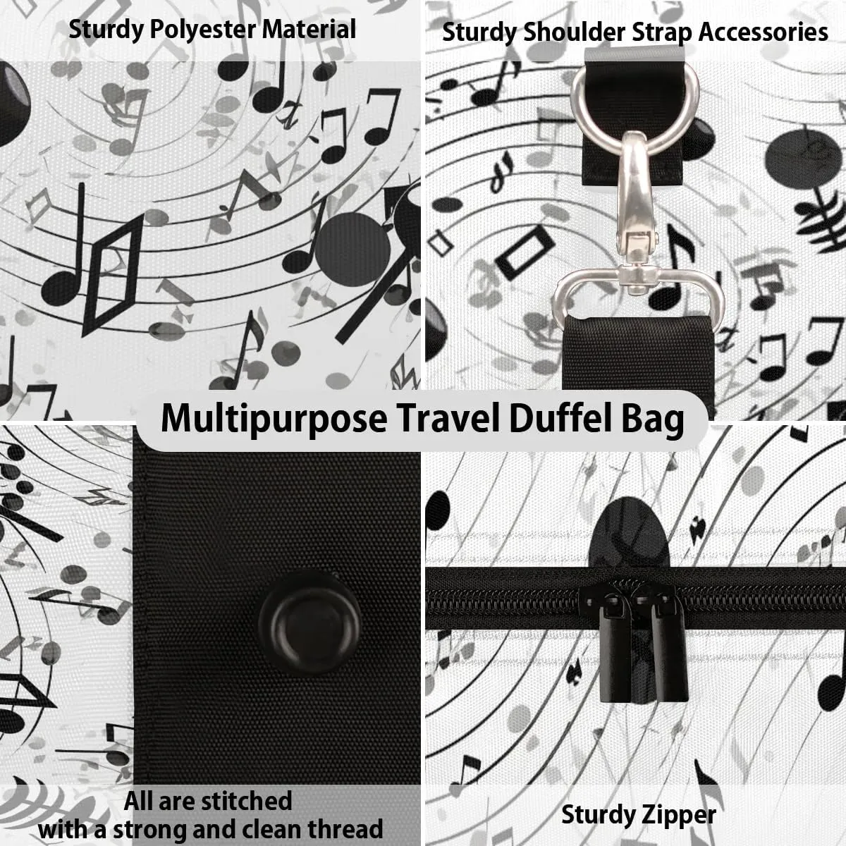 Music Notes Printed Travel Duffel Bag for Women Men Waterproof Foldable Overnight Weekender Bag Large Capacity Sports Gym Bag