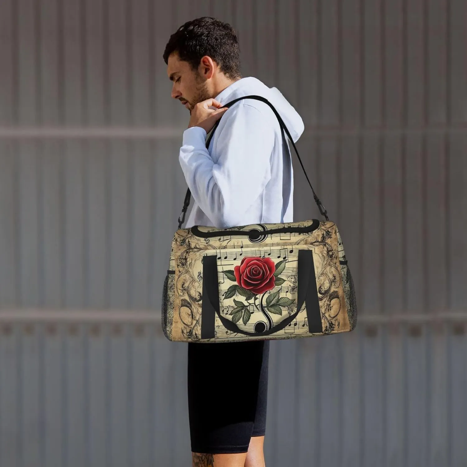 Musical Notes Rose Duffle Bag Foldable Travel Tote Bag Carry On Large Weekender Overnight Bags Waterproof Gym Bag For Women Men