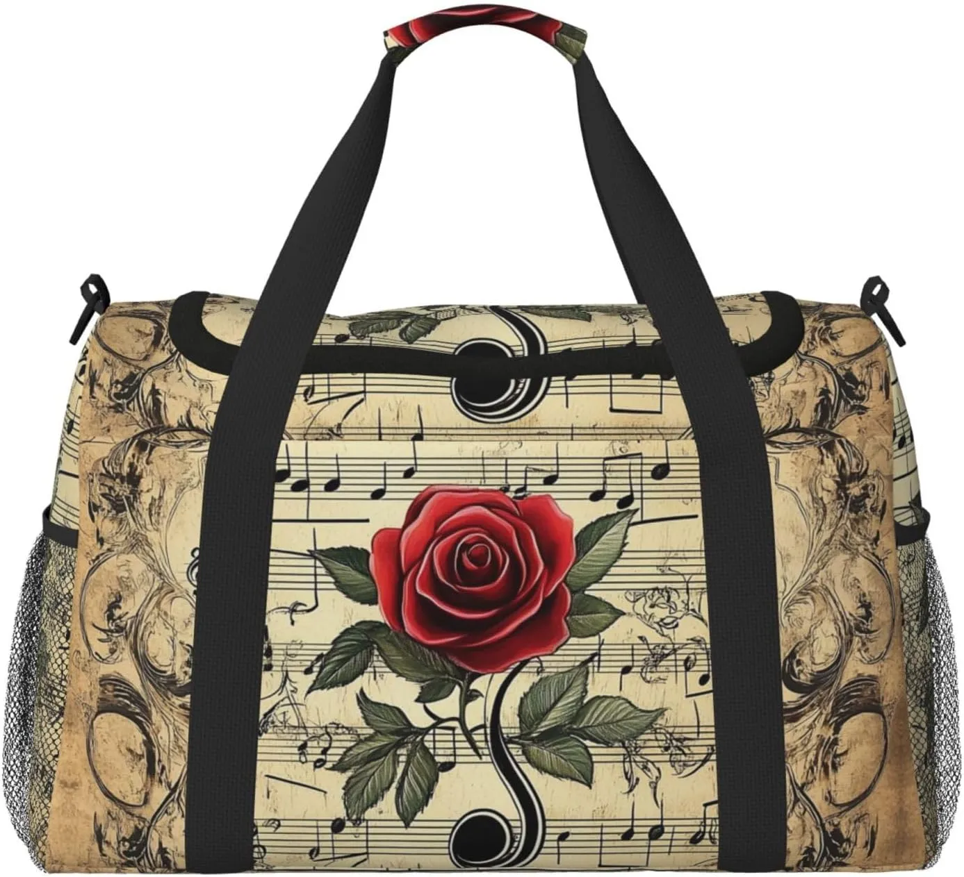 Musical Notes Rose Duffle Bag Foldable Travel Tote Bag Carry On Large Weekender Overnight Bags Waterproof Gym Bag For Women Men