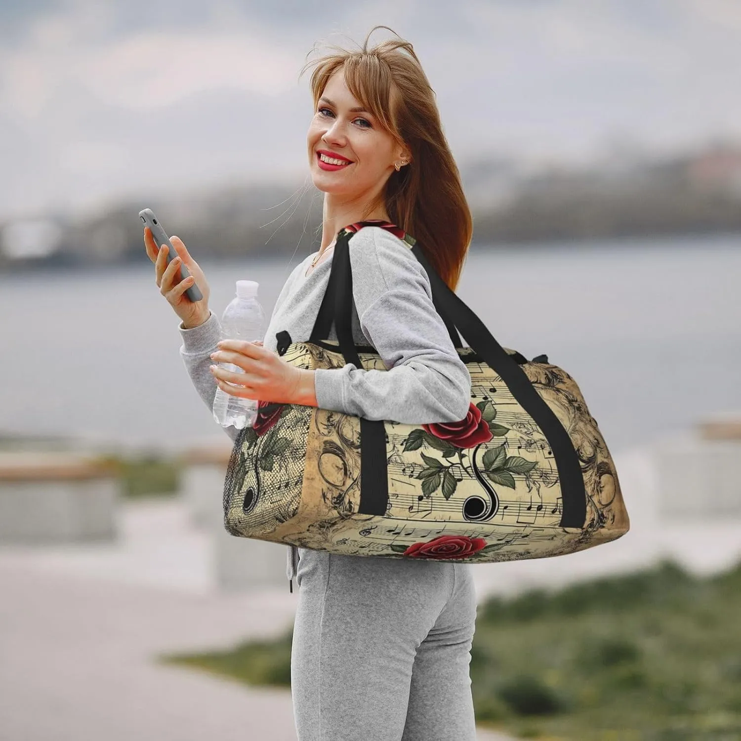 Musical Notes Rose Duffle Bag Foldable Travel Tote Bag Carry On Large Weekender Overnight Bags Waterproof Gym Bag For Women Men
