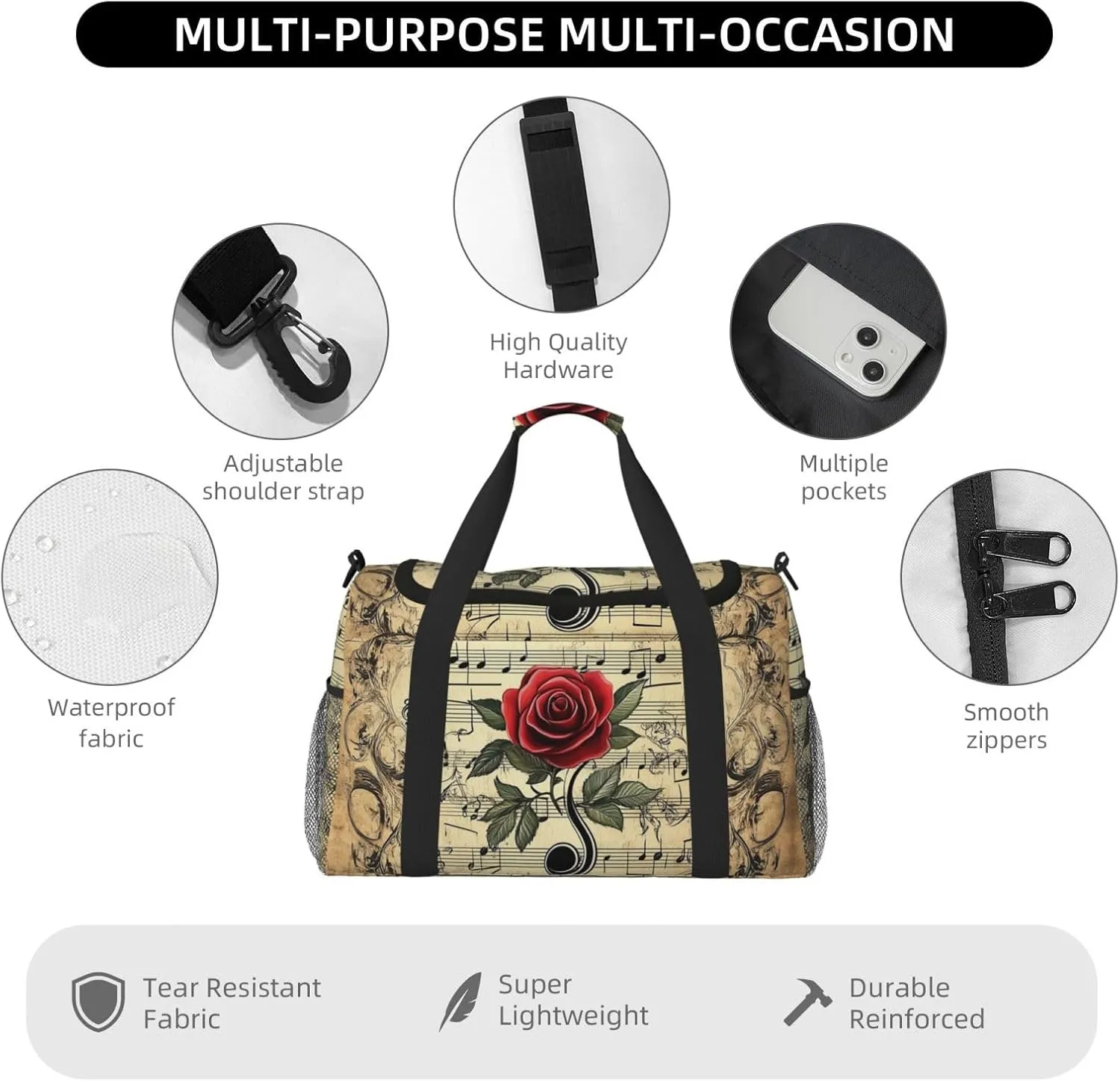 Musical Notes Rose Duffle Bag Foldable Travel Tote Bag Carry On Large Weekender Overnight Bags Waterproof Gym Bag For Women Men
