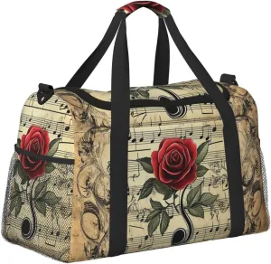 Musical Notes Rose Duffle Bag Foldable Travel Tote Bag Carry On Large Weekender Overnight Bags Waterproof Gym Bag For Women Men
