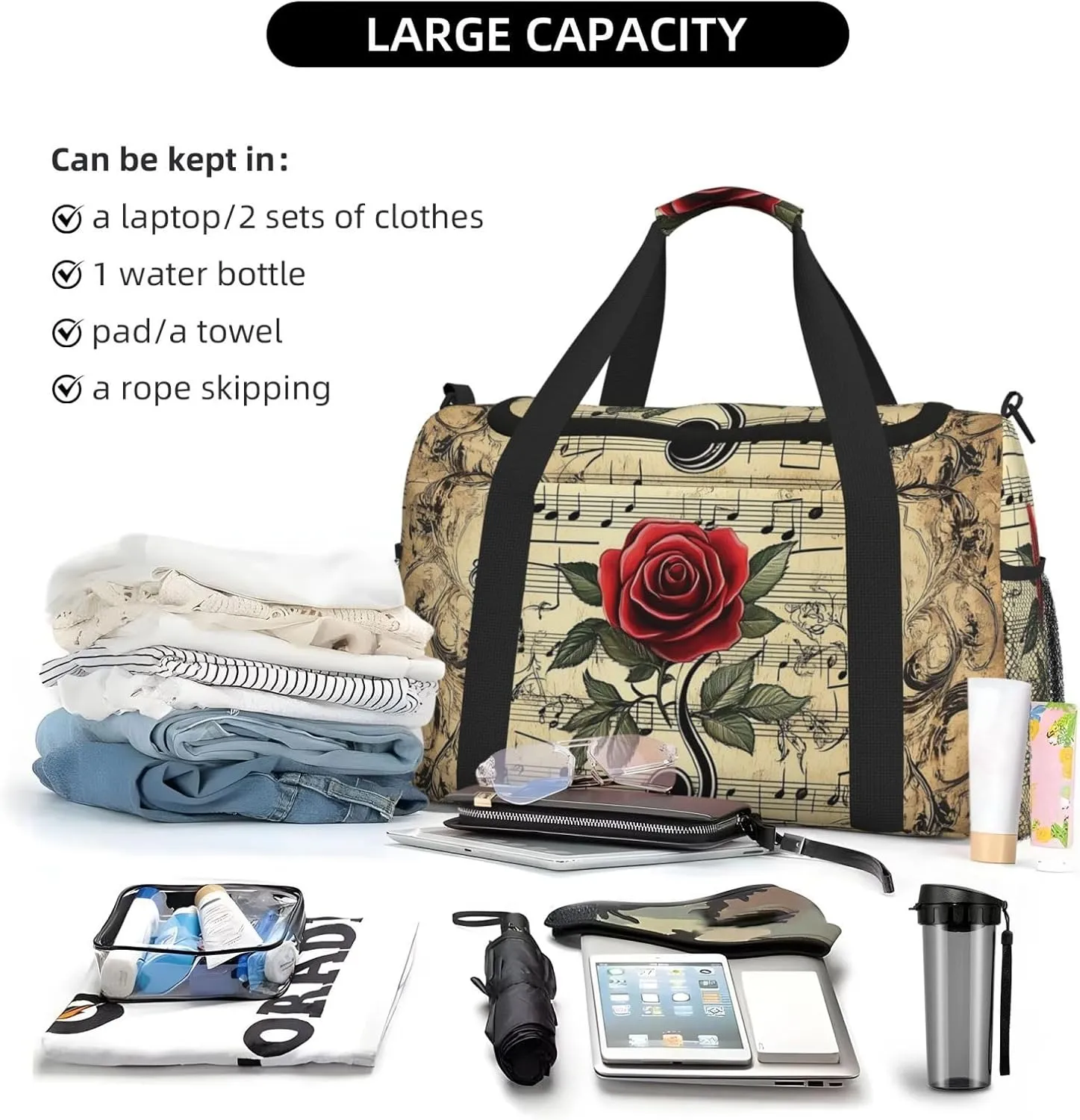Musical Notes Rose Duffle Bag Foldable Travel Tote Bag Carry On Large Weekender Overnight Bags Waterproof Gym Bag For Women Men