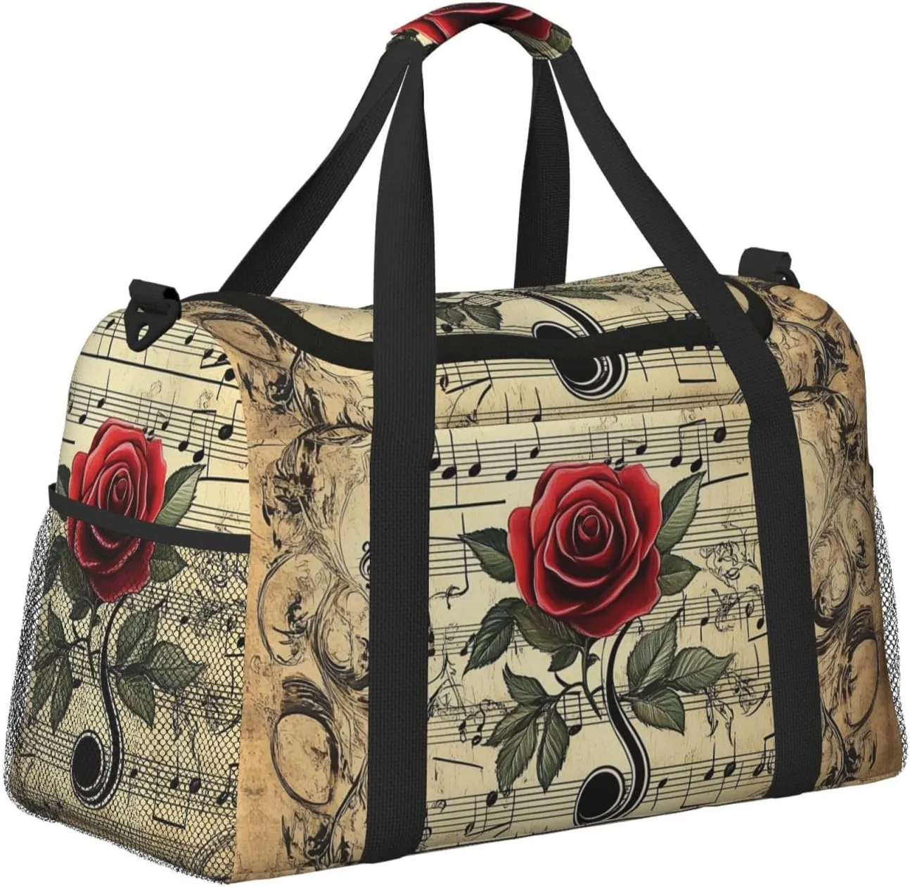 Musical Notes Rose Duffle Bag Foldable Travel Tote Bag Carry On Large Weekender Overnight Bags Waterproof Gym Bag For Women Men