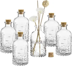 MyGift Vintage Design Embossed Fleur De Lis Clear Glass Bottles with Cork Lid, Apothecary Flower Bud Vases, Set of 6