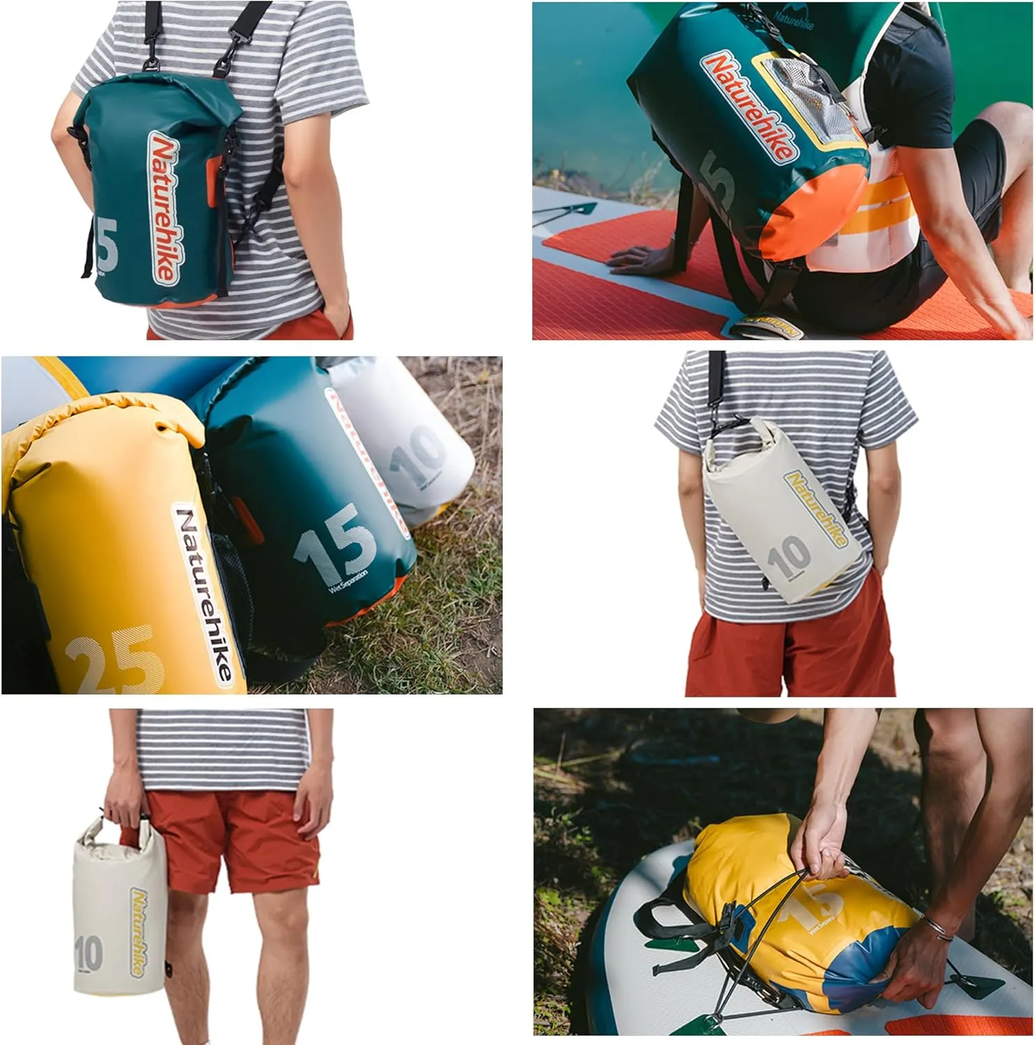 Naturehike PVC Floating Waterproof Dry Backpack, 10L/15L Waterproof Pouch with Wider Shoulder Straps, Roll Top Waterproof Backpack Sack for Travel, Swimming, Boating, Kayaking, Camping (White, 15L)