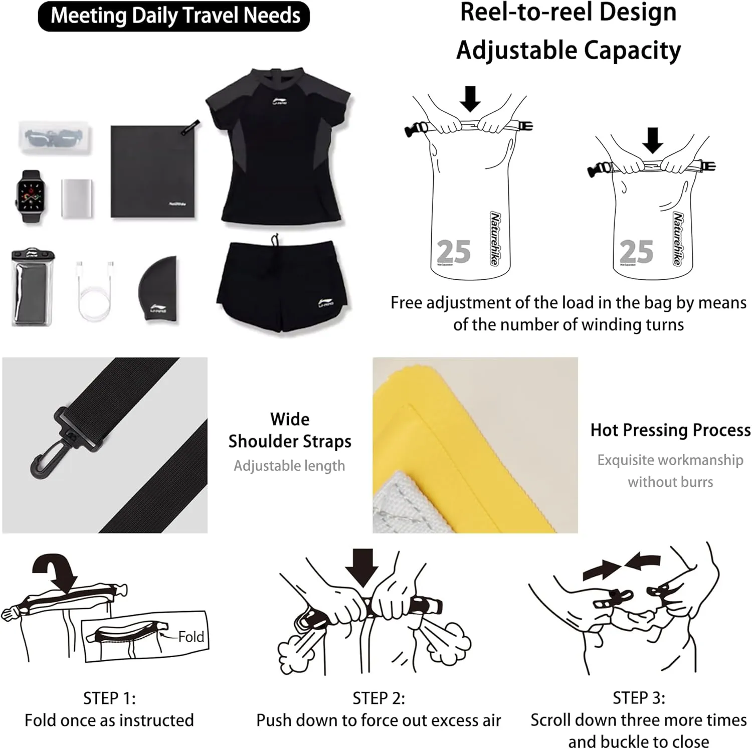 Naturehike PVC Floating Waterproof Dry Backpack, 10L/15L Waterproof Pouch with Wider Shoulder Straps, Roll Top Waterproof Backpack Sack for Travel, Swimming, Boating, Kayaking, Camping (White, 15L)