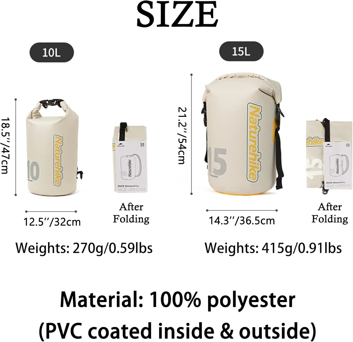 Naturehike PVC Floating Waterproof Dry Backpack, 10L/15L Waterproof Pouch with Wider Shoulder Straps, Roll Top Waterproof Backpack Sack for Travel, Swimming, Boating, Kayaking, Camping (White, 15L)
