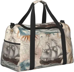 Nautical Ships Compasses Duffle Bag Foldable Travel Tote Bag Carry On Large Weekender Overnight Bags Waterproof Gym Bag For Women Men