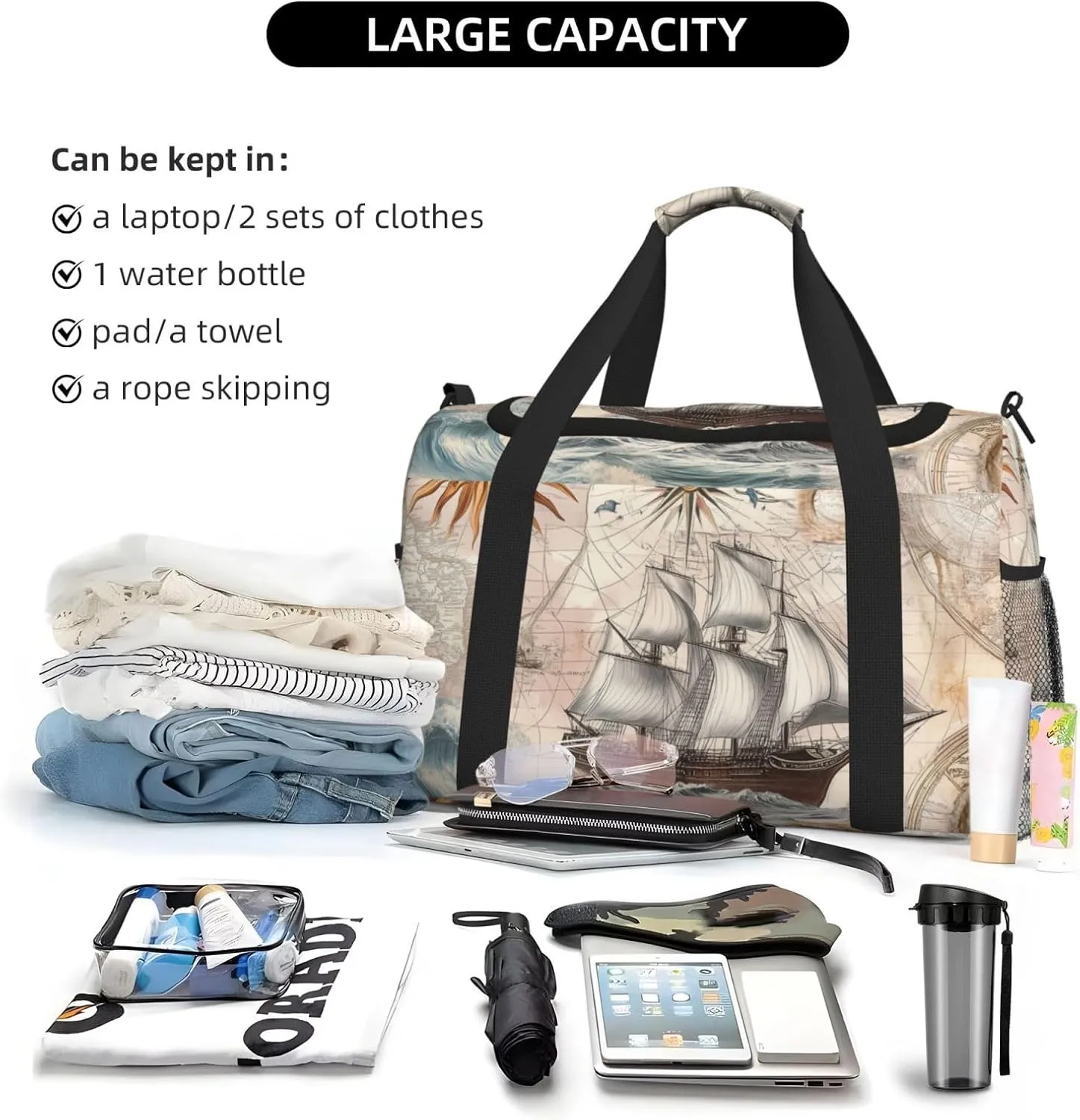 Nautical Ships Compasses Duffle Bag Foldable Travel Tote Bag Carry On Large Weekender Overnight Bags Waterproof Gym Bag For Women Men