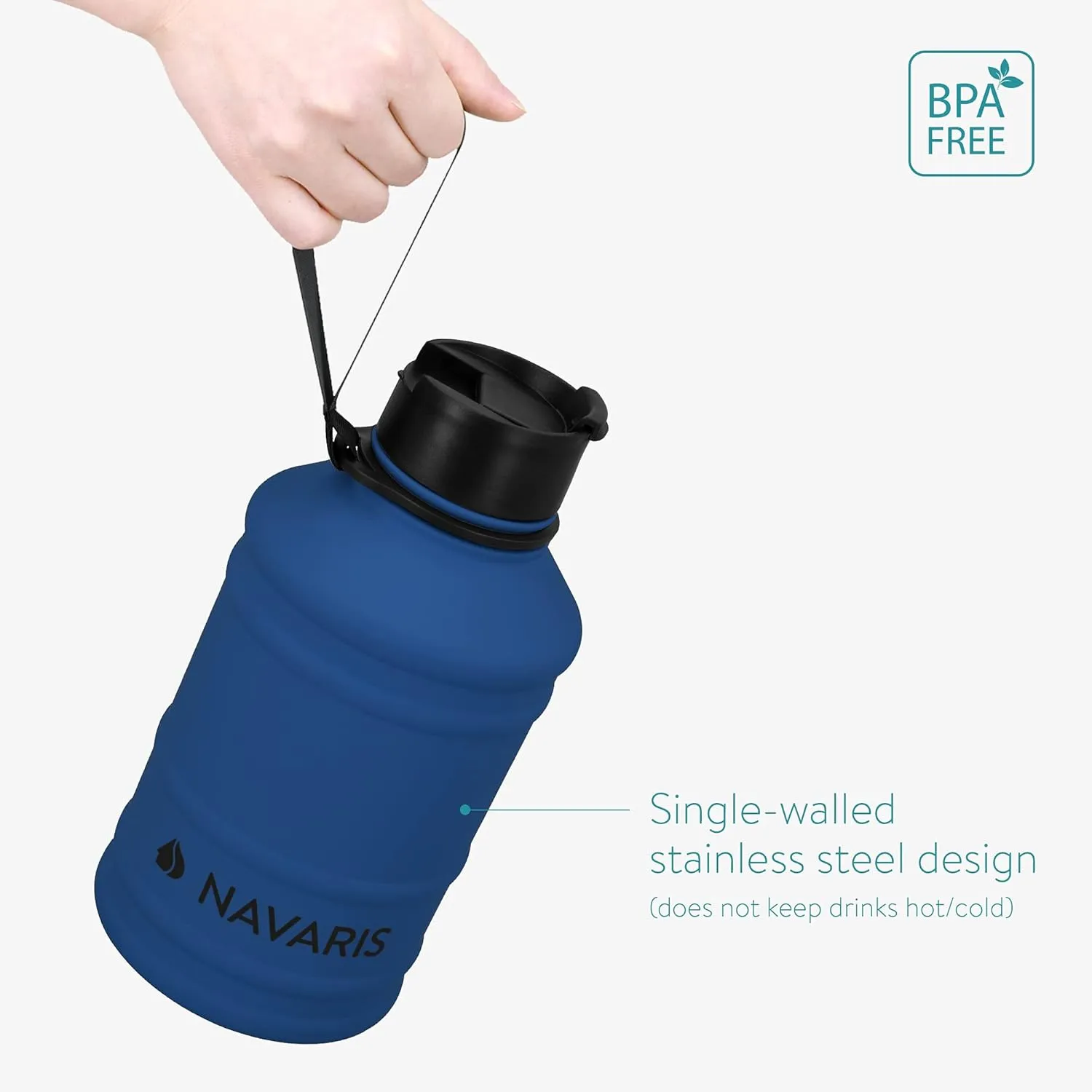 Navaris Stainless Steel Water Bottle - Single-Walled 75oz (2.2L) Big Metal Drinking Bottle for Sports, Camping, Gym - More Than Half Gallon Capacity