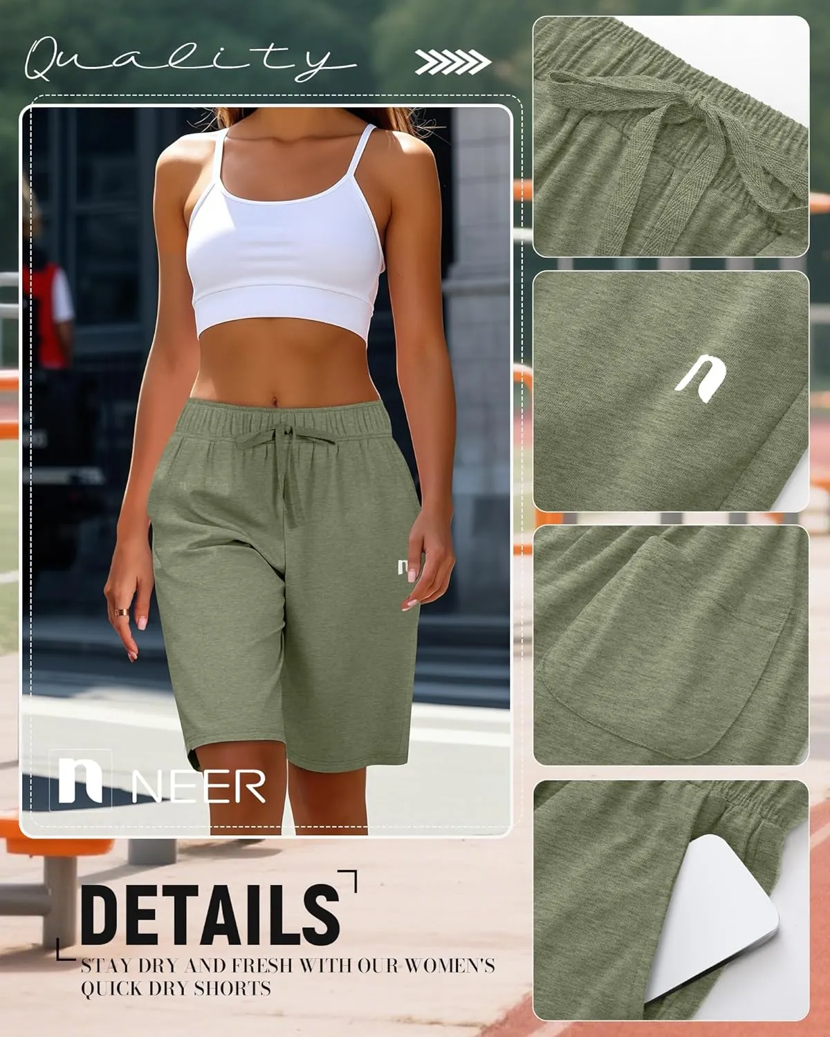 Neer 3 Pack Women's Quick Dry Shorts Women Drawstring High Waisted Bermuda Athletic Shorts with Pockets