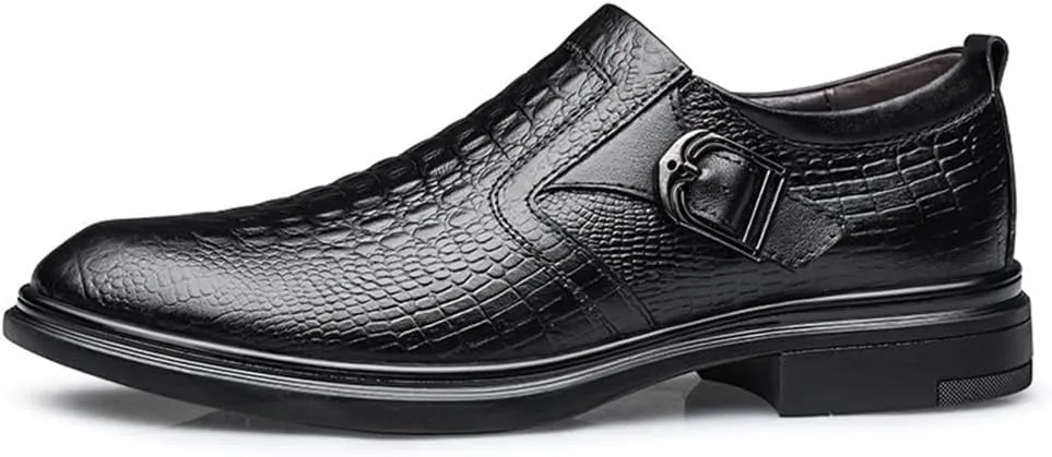 New Dress Shoes for Men Slip On Round Toe Monk Strap Crocodile Embossed Vegan Leather Low Top Block Heel Rubber Sole Non Slip Walking