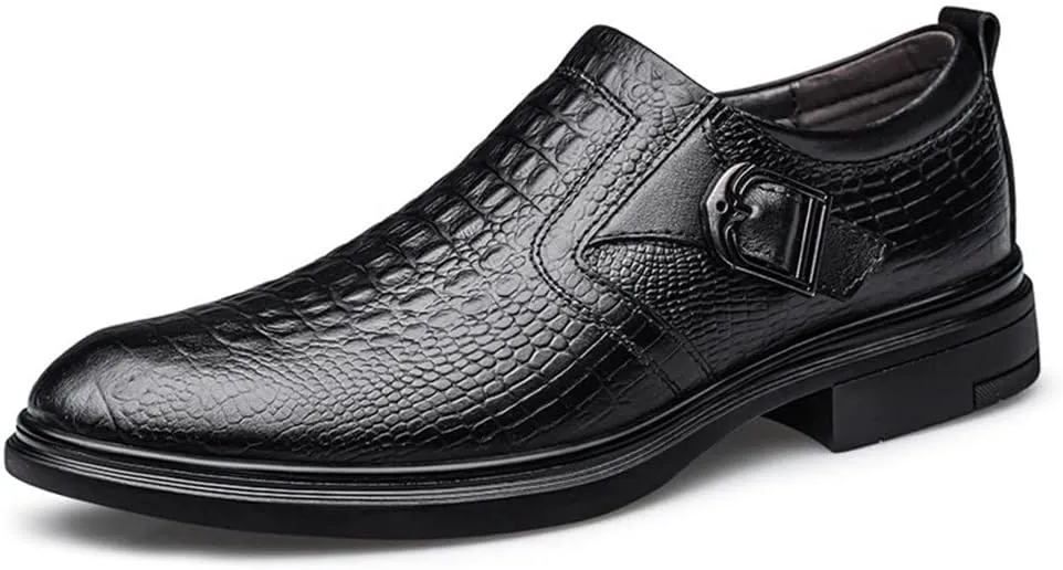 New Dress Shoes for Men Slip On Round Toe Monk Strap Crocodile Embossed Vegan Leather Low Top Block Heel Rubber Sole Non Slip Walking