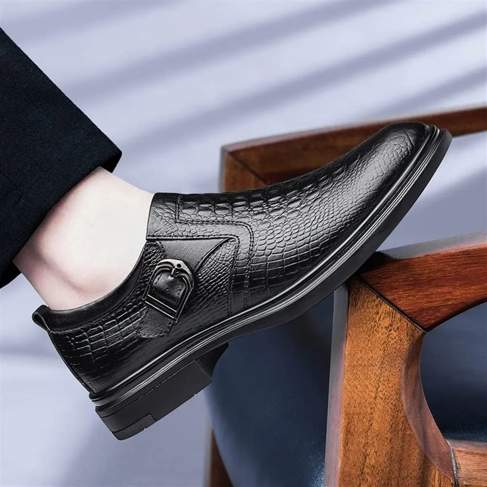 New Dress Shoes for Men Slip On Round Toe Monk Strap Crocodile Embossed Vegan Leather Low Top Block Heel Rubber Sole Non Slip Walking