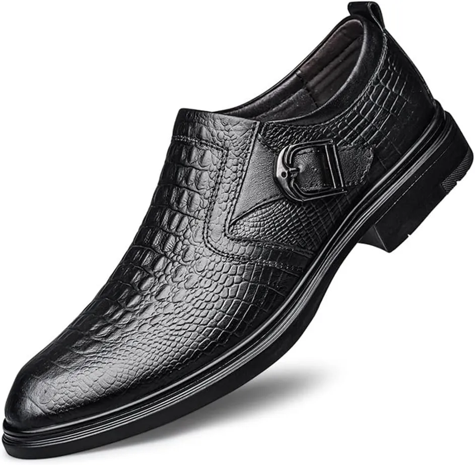 New Dress Shoes for Men Slip On Round Toe Monk Strap Crocodile Embossed Vegan Leather Low Top Block Heel Rubber Sole Non Slip Walking