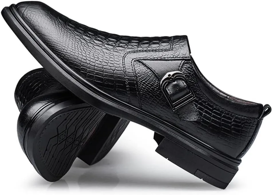 New Dress Shoes for Men Slip On Round Toe Monk Strap Crocodile Embossed Vegan Leather Low Top Block Heel Rubber Sole Non Slip Walking