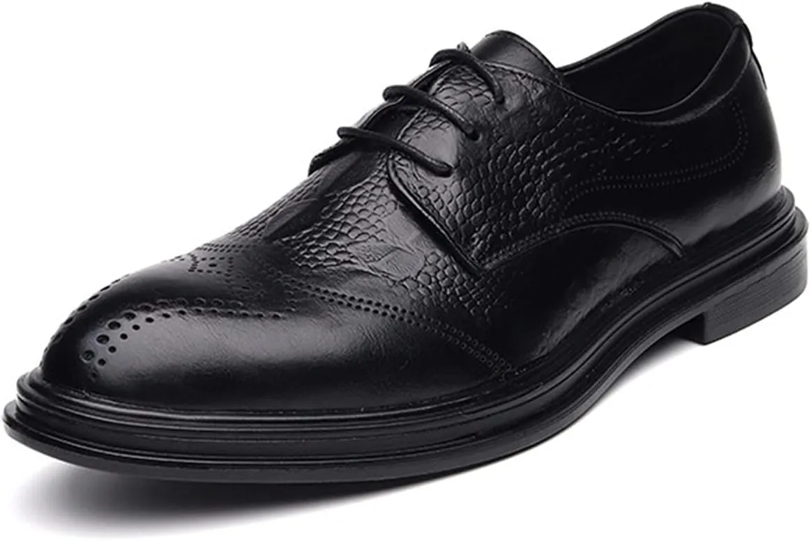 New Formal Dress Shoes for Men Lace Up Brogue Embossed Wing tip Crocodile Print Burnished Toe Anti-Slip Low Top Non Slip Rubber Sole Block Heel Business