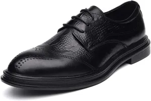 New Formal Dress Shoes for Men Lace Up Brogue Embossed Wing tip Crocodile Print Burnished Toe Anti-Slip Low Top Non Slip Rubber Sole Block Heel Business
