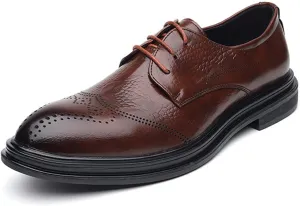 New Formal Dress Shoes for Men Lace Up Brogue Embossed Wing tip Crocodile Print Burnished Toe Anti-Slip Low Top Non Slip Rubber Sole Block Heel Business