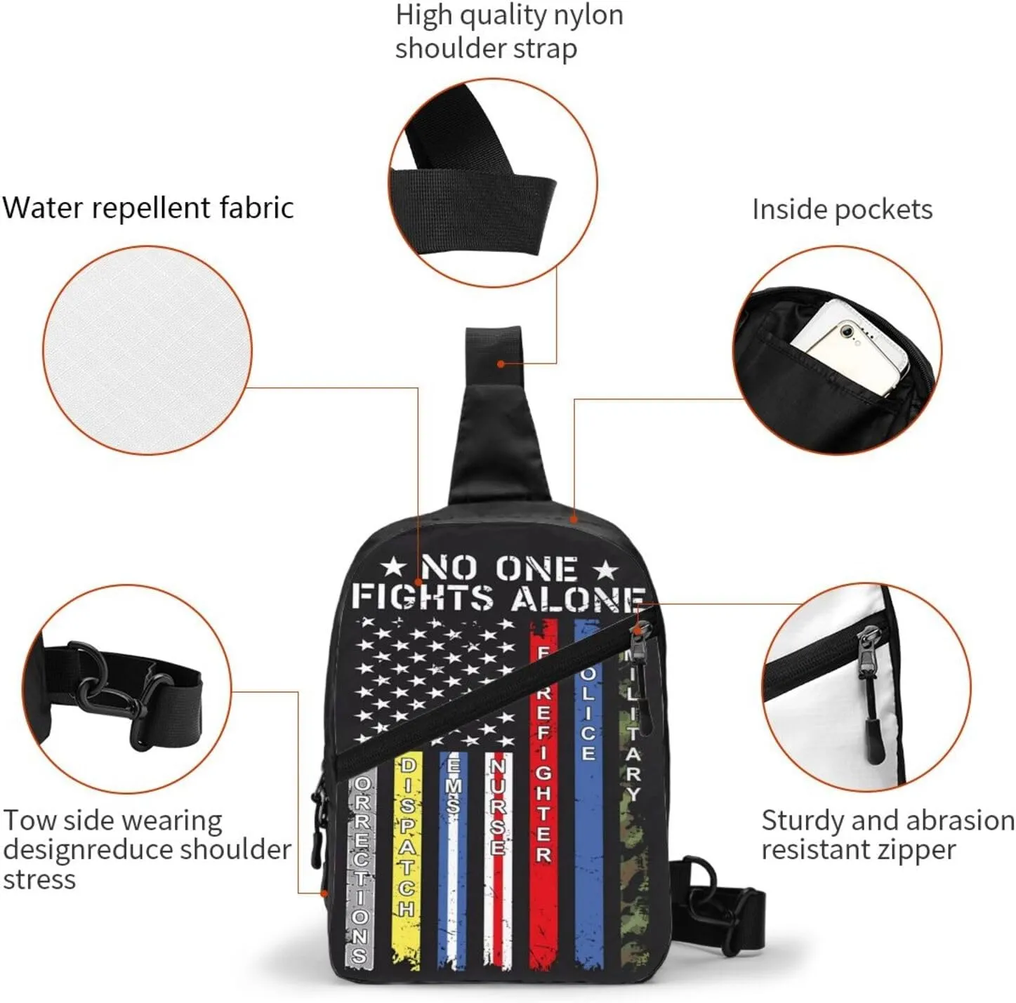 No One Fights Alone American Flag Portable Sling Bags Packable Crossbody Bag Foldable Sport Daypack Reusable Shoulder Backpack Diagonally Chest Bag for Workout Travel