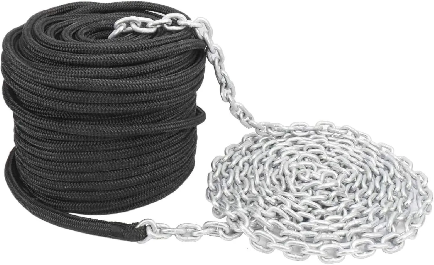 NovelBee 1/2 inch Double Braid Nylon Rope with 1/4 Inch x 15 Feet Galvanized Chain for Boat Anchor Rope and Dock Line (Black, Length:100')