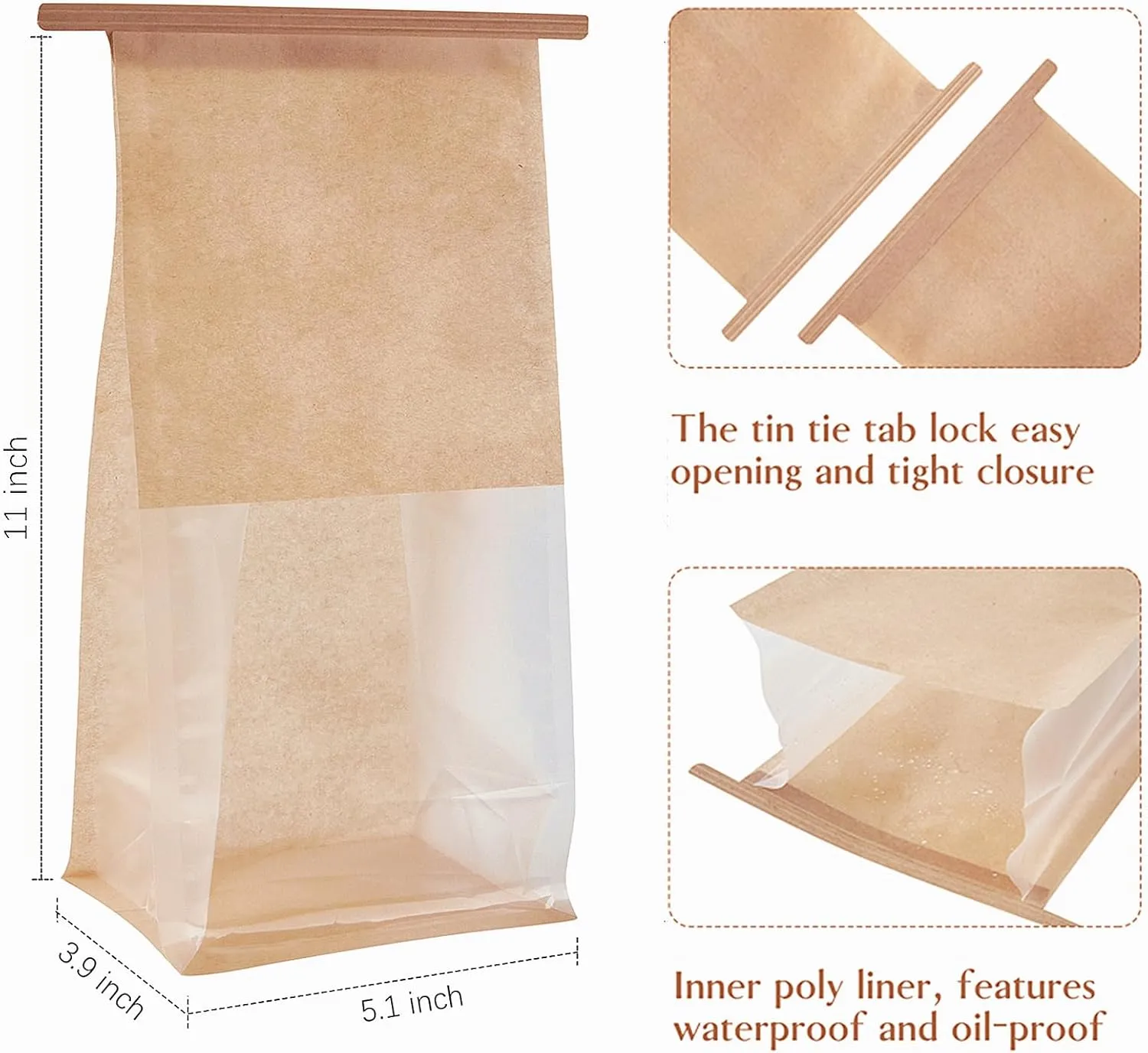Ocmoiy 50Pcs Bakery Bags with Window, Resealable Tin Tie Tab Lock Bread Storage Bag, Clear Front Snack Bags for Packaging Cookies, Loaf, Popcorn, Paper Treat Bags
