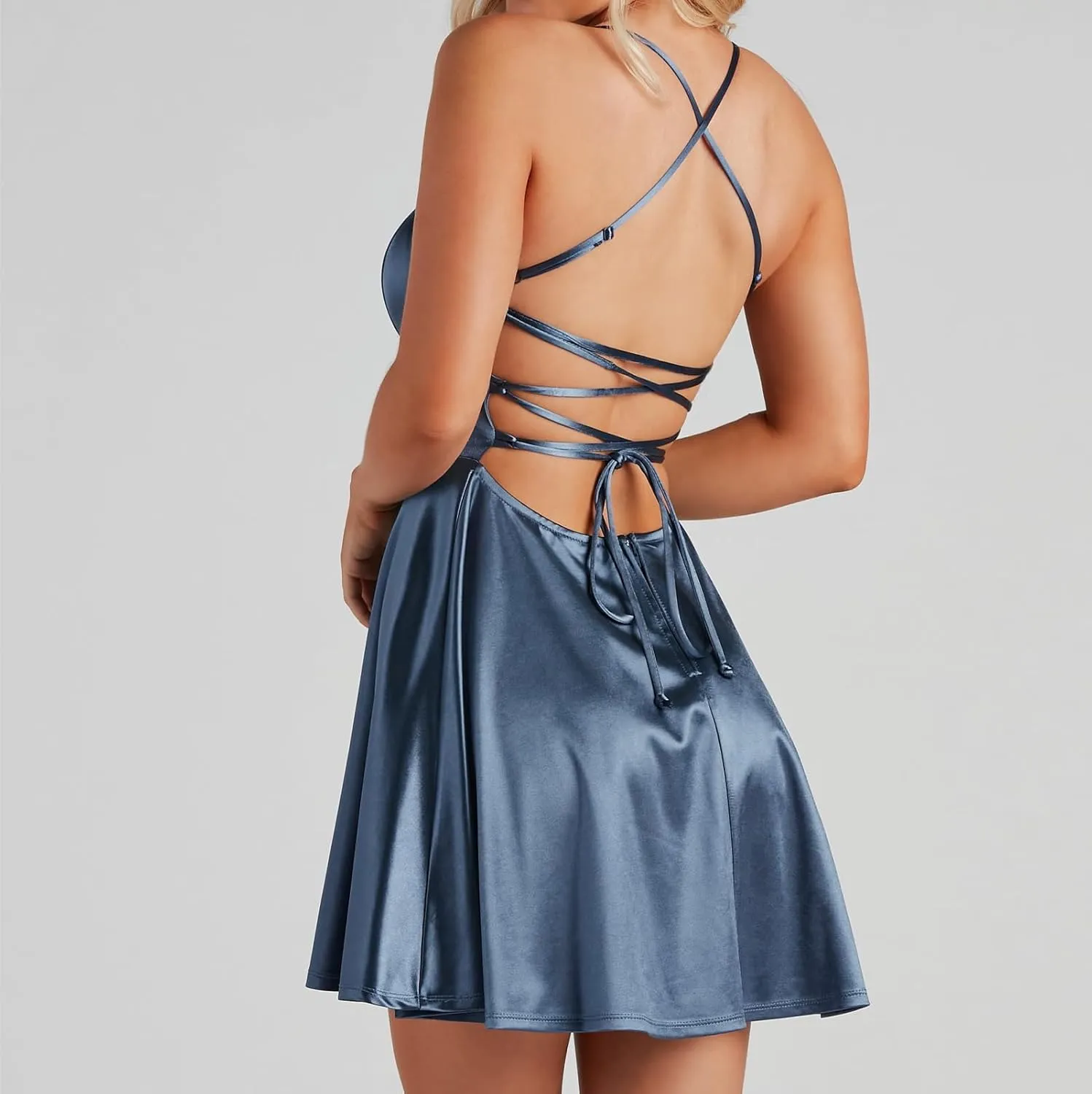 ODIZLI Women's Satin Square Neck Spaghetti Straps Tie Back Ruffle Mini Dress Party Dress