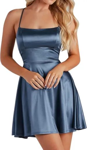 ODIZLI Women's Satin Square Neck Spaghetti Straps Tie Back Ruffle Mini Dress Party Dress