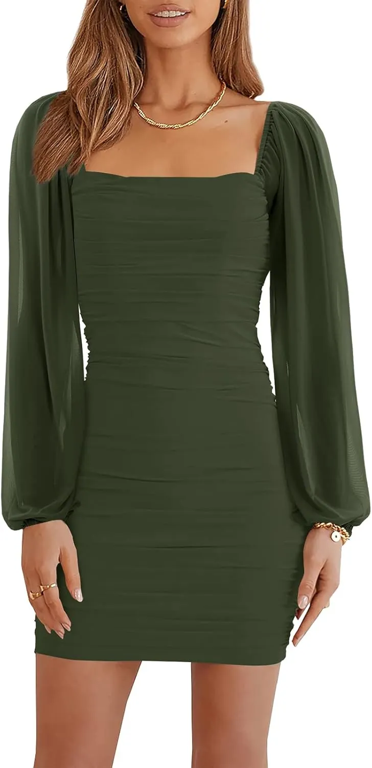 Ofenbuy Women's Mesh Long Sleeve Dress Square Neck Ruched Mini Bodycon Dress Stretch Party Cocktail Dresses