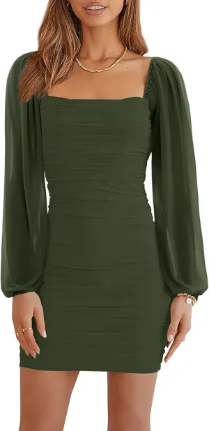 Ofenbuy Women's Mesh Long Sleeve Dress Square Neck Ruched Mini Bodycon Dress Stretch Party Cocktail Dresses