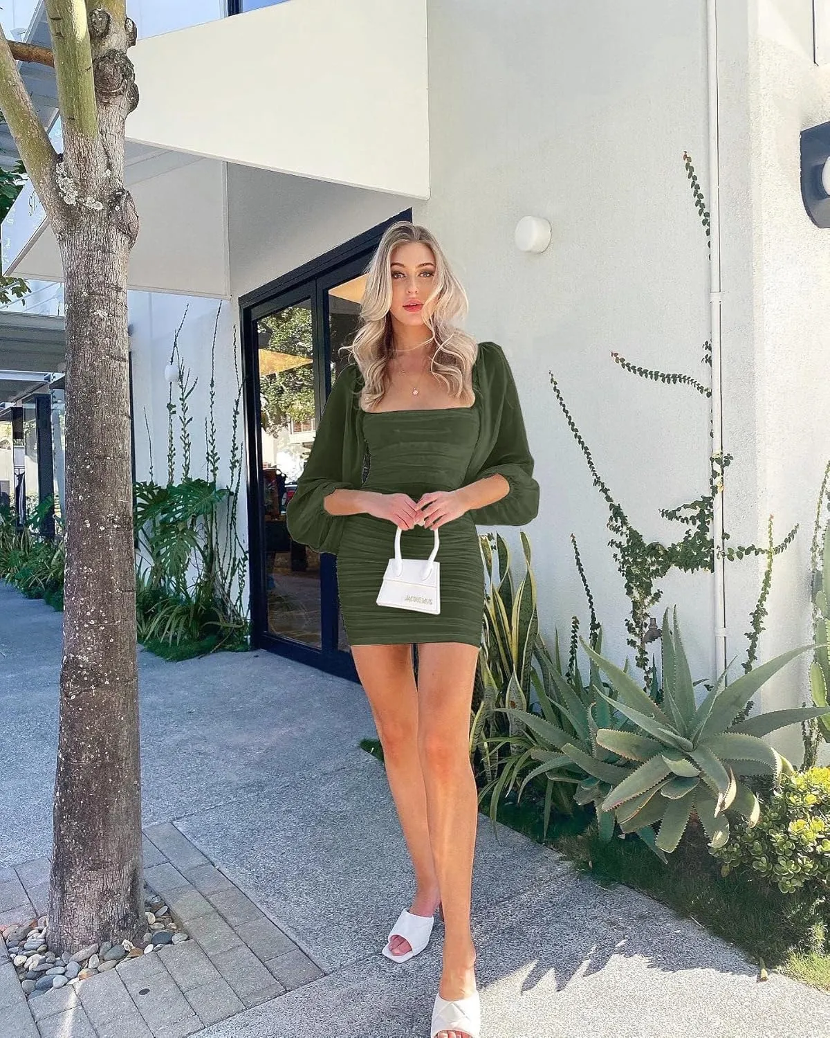 Ofenbuy Women's Mesh Long Sleeve Dress Square Neck Ruched Mini Bodycon Dress Stretch Party Cocktail Dresses