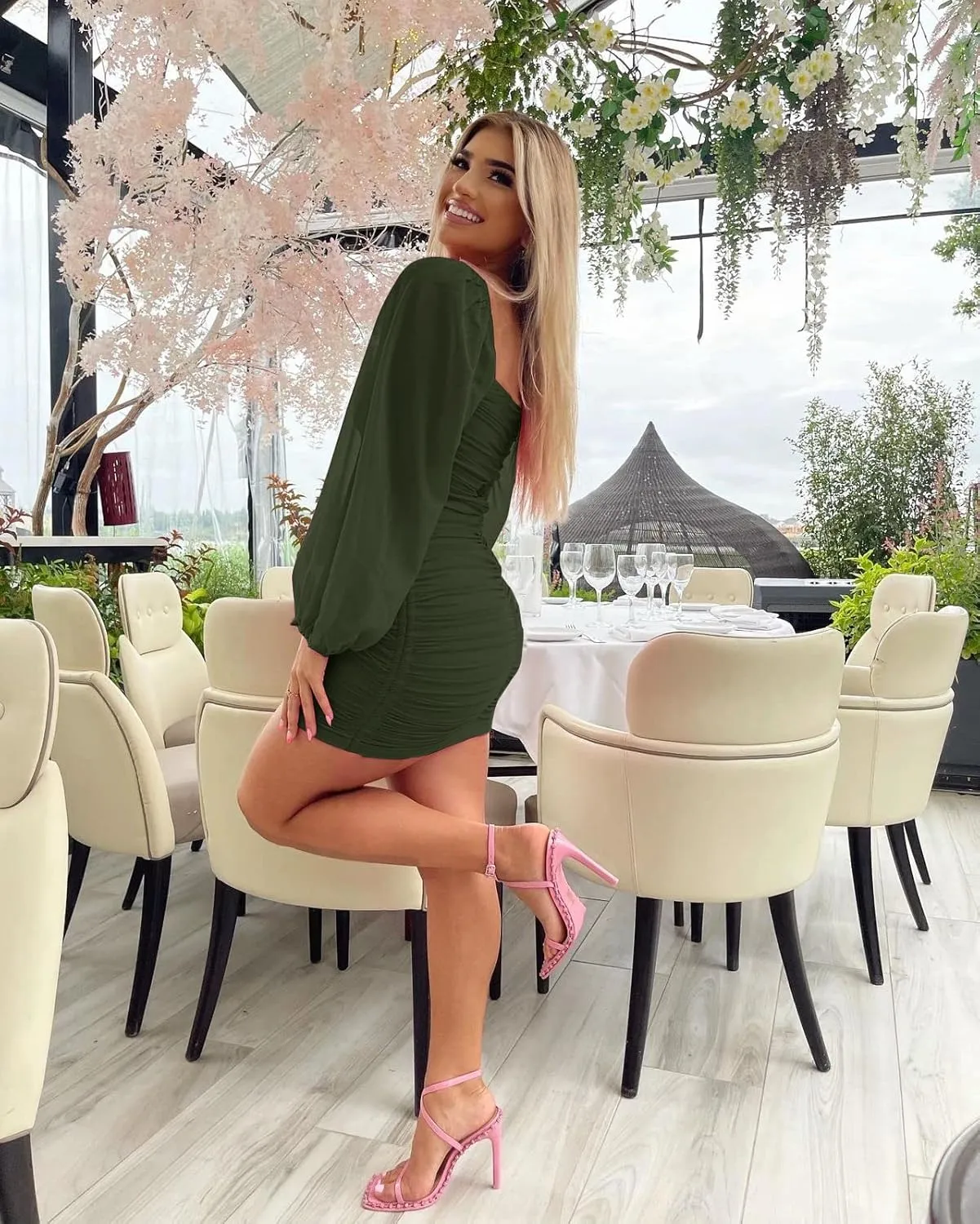 Ofenbuy Women's Mesh Long Sleeve Dress Square Neck Ruched Mini Bodycon Dress Stretch Party Cocktail Dresses