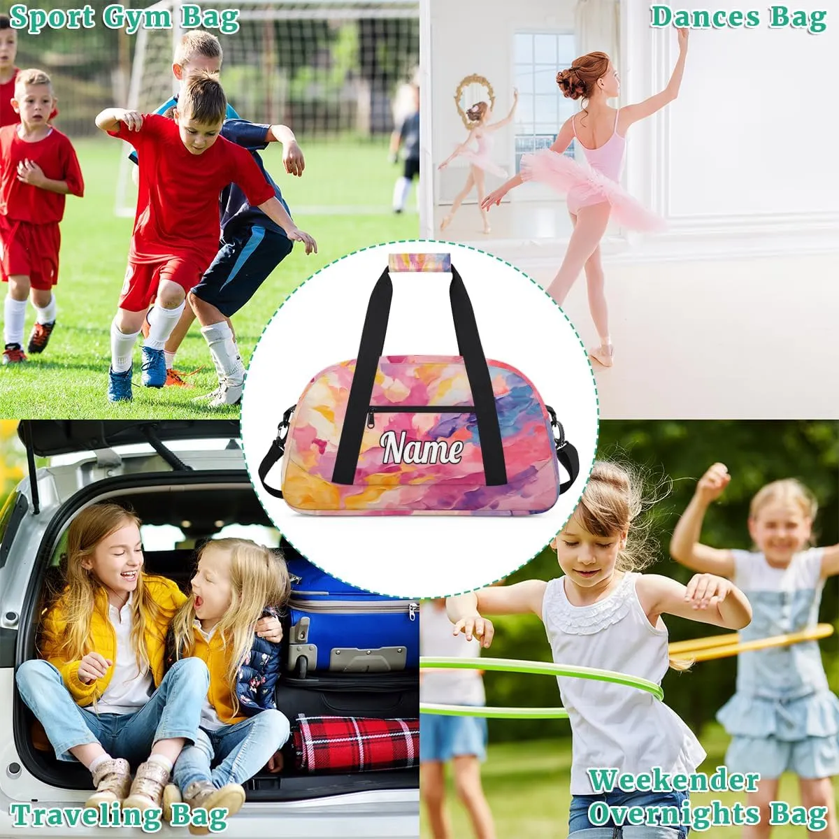 Oil Painting Personalized Kids Gym Bag Custom Dance Bag with Name Sport Duffel Bag for Girls Boys Weekender Overnight Travel Bag