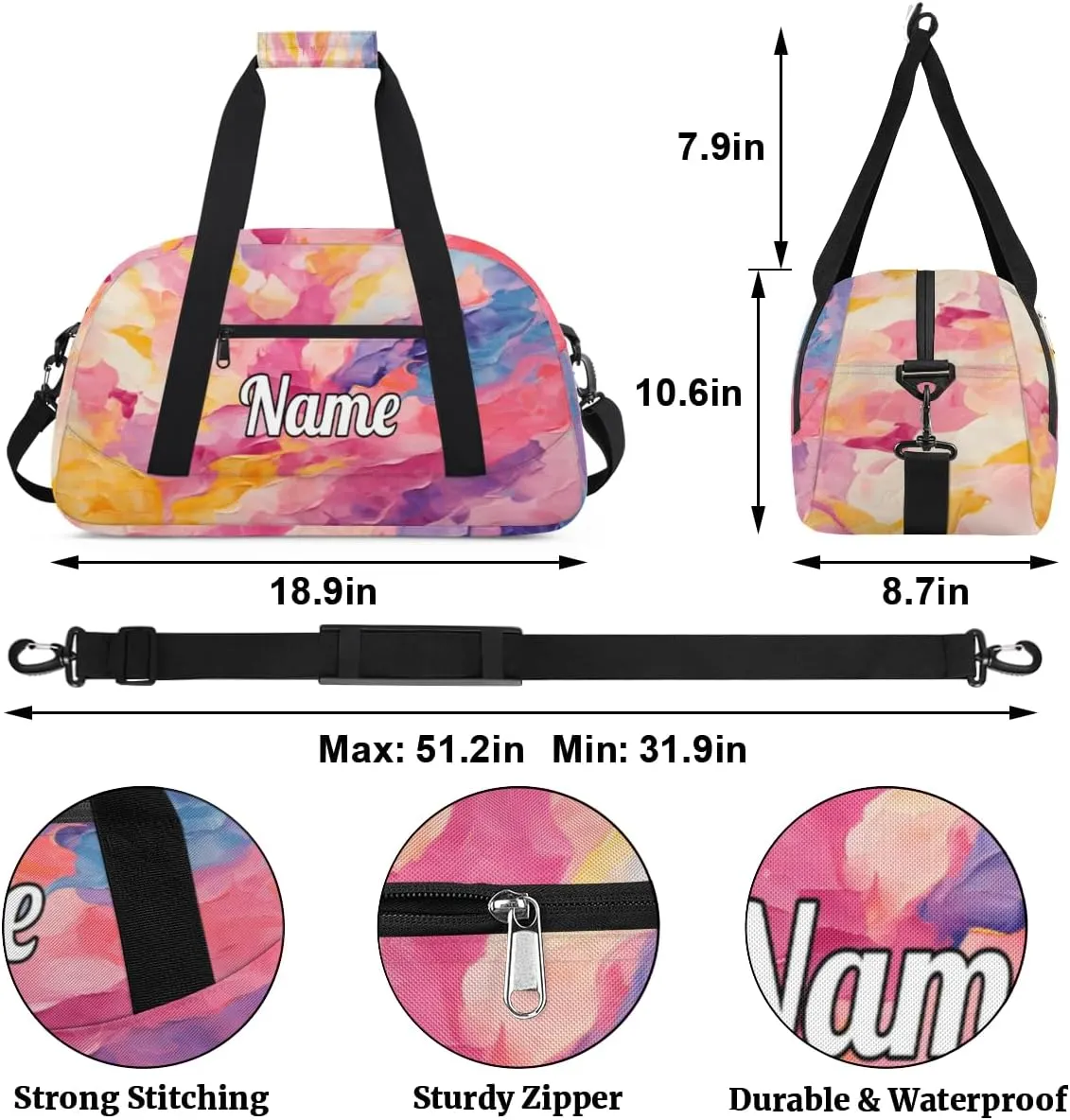Oil Painting Personalized Kids Gym Bag Custom Dance Bag with Name Sport Duffel Bag for Girls Boys Weekender Overnight Travel Bag