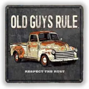 Old Guys Rule Vintage Metal Tin Sign, Rusty Truck - Gift for Dad, Grandpa, Husband, Father's Day, Birthday - Retro Novelty Wall Decor for Man Cave, Garage, Antique Pickup Truck Lovers (12x12 Square)