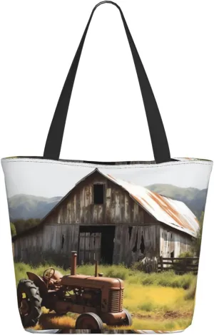 Old Wooden Barn with Rusted Tractor Tote Bag for Women Large Shoulder Bag with Zipper Travel Handbag with Pockets Reusable Shopping Bag Aesthetic Beach Bags