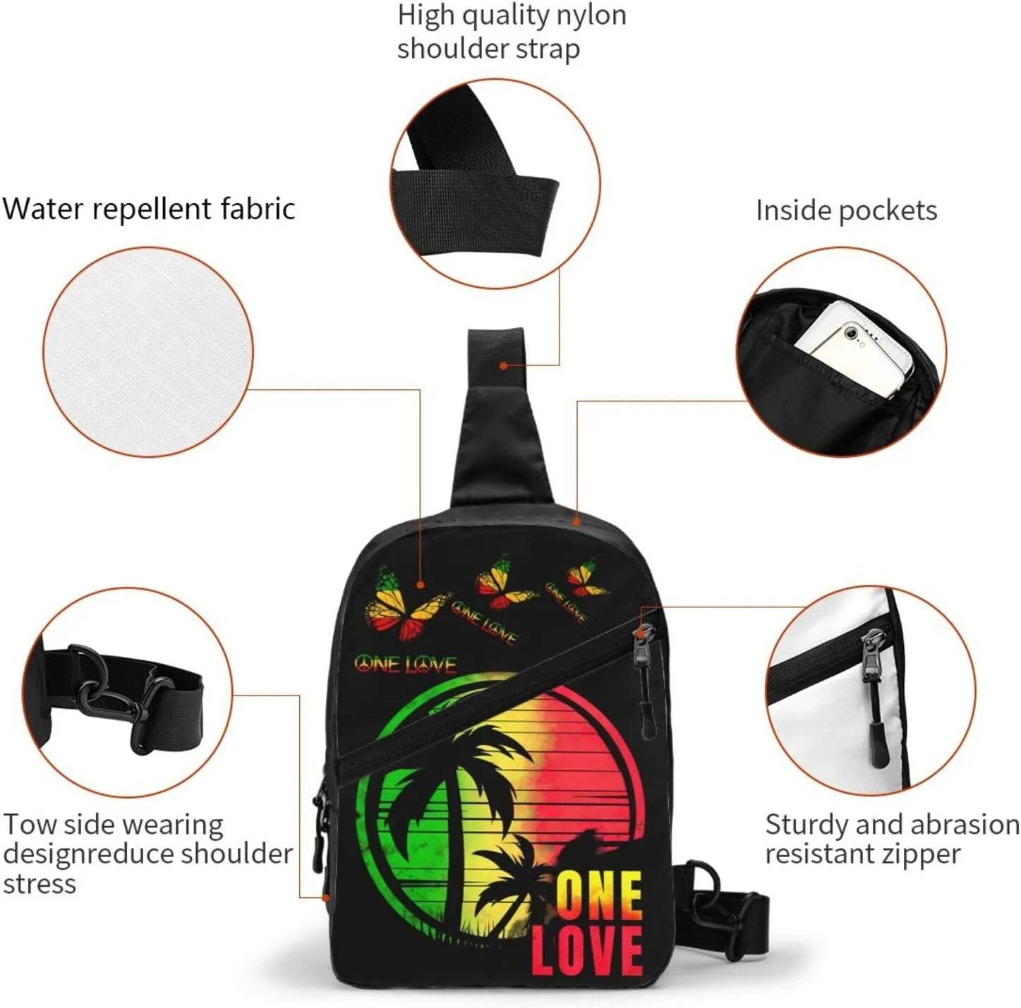 One Loves Butterfly Rasta Reggae Peace Rastafari Roots Portable Sling Bags Packable Crossbody Bag Foldable Sport Daypack Reusable Shoulder Backpack Diagonally Chest Bag for Workout Travel