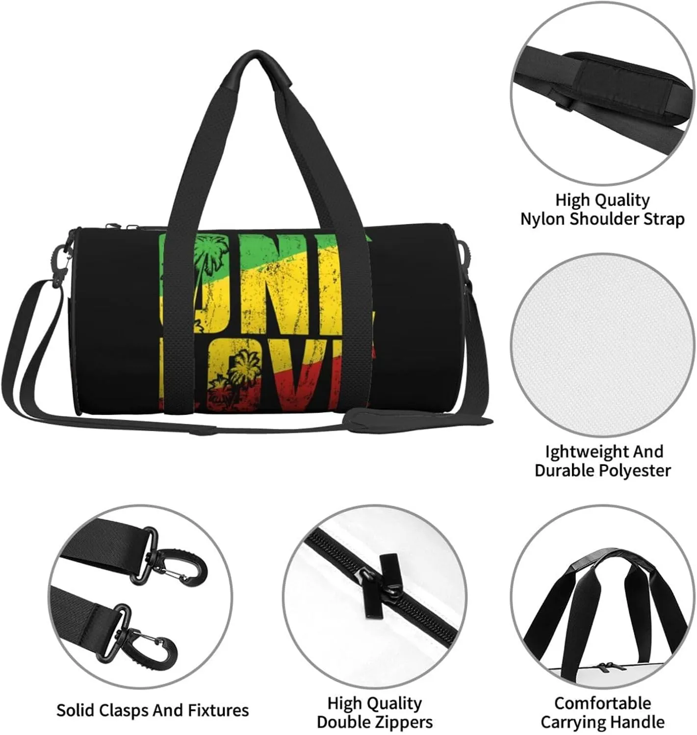 One Loves Jamaica Rasta Reggae Musics Caribbean Round Travel Duffel Bag Large Capacity Gym Sports Bags for Hiking Vacation Trips