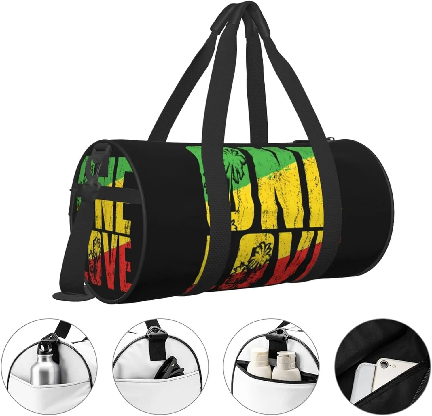 One Loves Jamaica Rasta Reggae Musics Caribbean Round Travel Duffel Bag Large Capacity Gym Sports Bags for Hiking Vacation Trips
