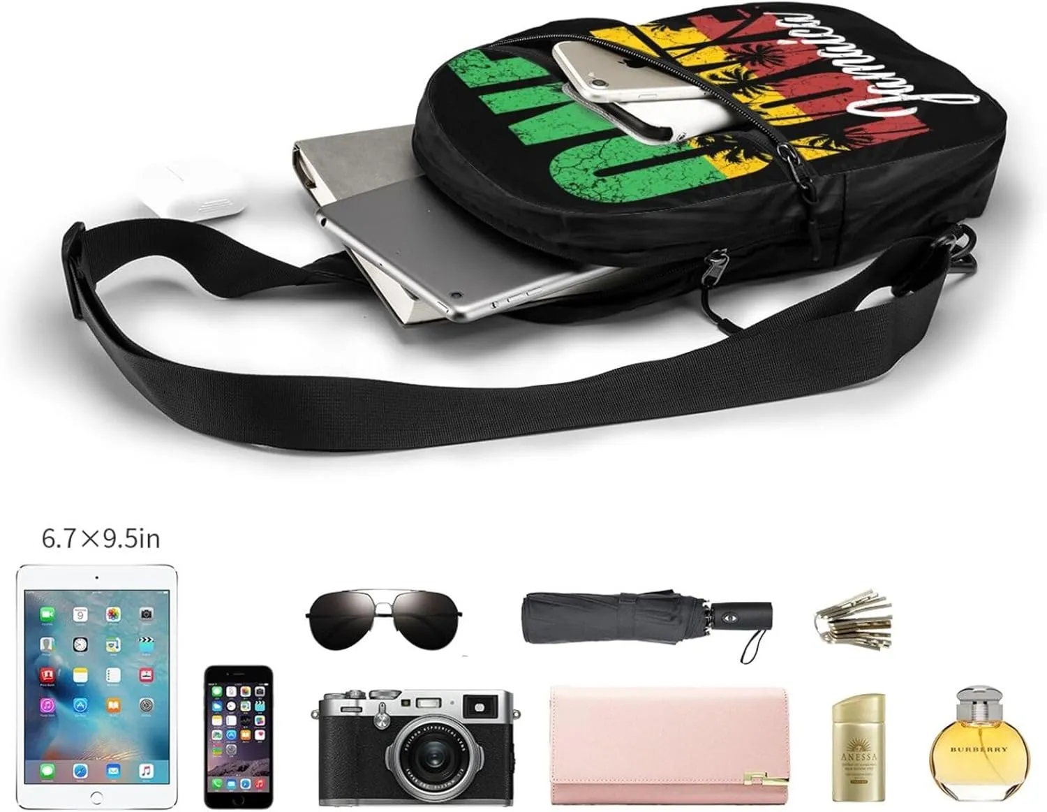 One Loves Jamaican Rasta Reggae Palm Trees Portable Sling Bags Packable Crossbody Bag Foldable Sport Daypack Reusable Shoulder Backpack Diagonally Chest Bag for Workout Travel